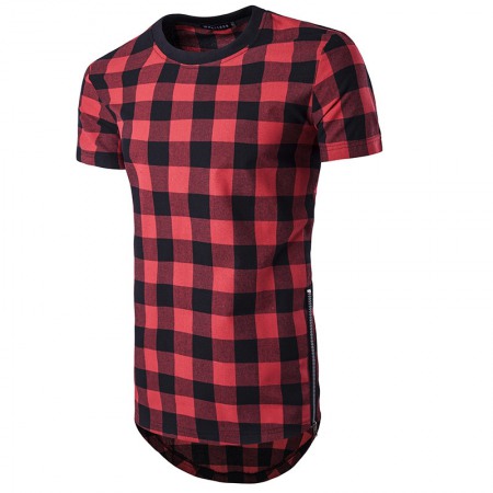 Summer New Men's High Street Long Check Double Side Zipper Round Neck Short Sleeve T-Shirt