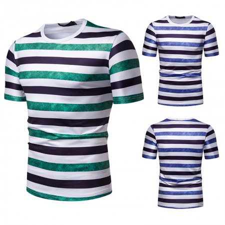 New Summer Men's Short-Sleeved T-Shirt Mens Contrast Striped Slim Casual T-Shirt