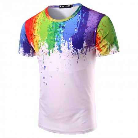 Summer New Style Splash Paint Ink 3D Printing Men's Rainbow Round Neck Short Sleeve T-Shirt