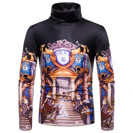 New Men's Large Size 3D Retro Castle Print High Neck Long Sleeve T-Shirt Bottoming Shirt