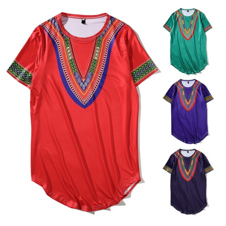 New Men's Tiled African Ethnic Style Long Short-Sleeved Hip-Hop T-Shirt